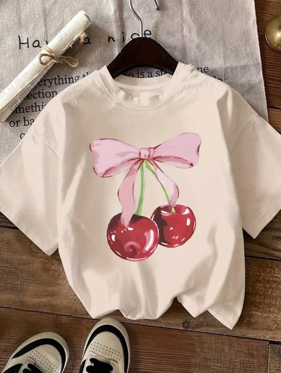 Camiseta Casual de Mujer con Estampado de Cintas de Cereza - Cuello Redondo, Manga Corta, Mezcla de Poliéster Suave, Lavable a Máquina - Perfecta para el Verano - Crema - Ver 1
