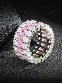 MOONSO 1 件奢华复古粉色三层方晶锆石鸡尾酒戒指，适合女士，适合派对、宴会和礼物，高端感觉 R6156