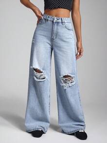 Jeanoix High Waist Slant Pocket Casual Ripped Wide Leg Jeans - Light Wash - View 4
