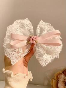 1 件可爱蝴蝶结网状花朵发夹，优雅侧面或背面发夹头饰 - 粉色 - 查看 1