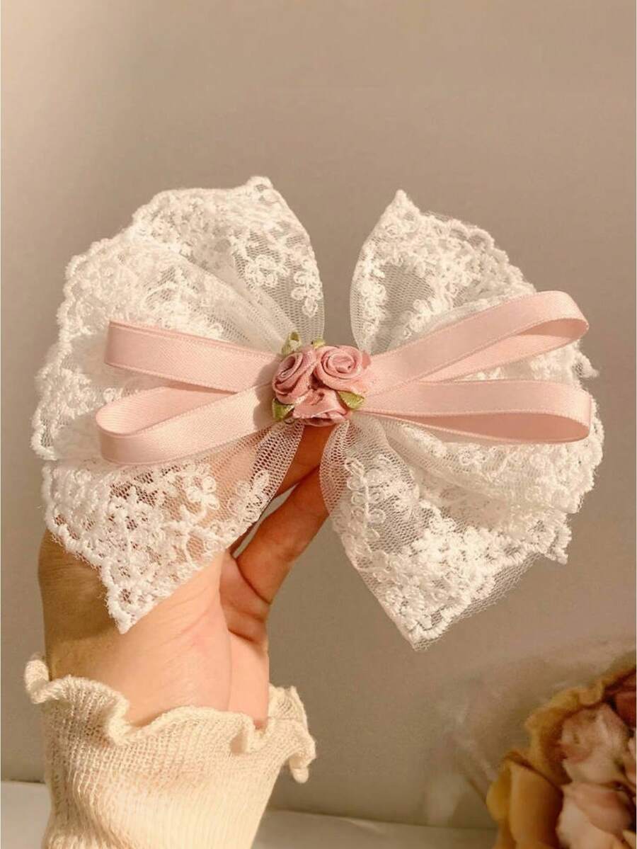 1 件可爱蝴蝶结网状花朵发夹，优雅侧面或背面发夹头饰 - 粉色 - 查看 1