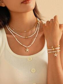 6/3 件波西米亚多层项链和弹力绳手链套装，饰有串珠海星、贝壳和珍珠装饰 - 可调节 - 非常适合海滩度假派对 - 女士夏季珠宝和配饰