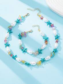 Collier 2 pièces style océan fait main en fausses perles et étoile de mer dorées pour femme, bracelet bohème en perles turquoise bleues, parure de bijoux style plage, élégant et délicat, idéal au quotidien ou pour une soirée en bord de mer.