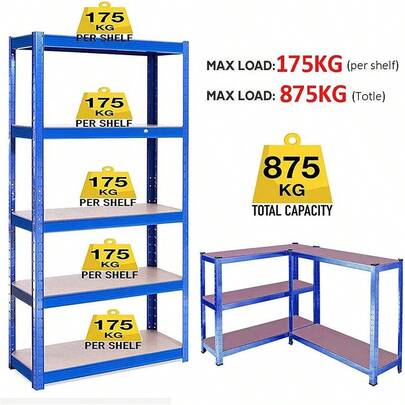 Vandise Metal Storage Shelve 5-Tier Blue Adjustable Shelves Heavy Duty Boltless Rack 875KG Capacity (175KG Per Shelf) Workshop, Shed, Office, 150x70x30cm, 5 Year Warranty Adjustable Metal Shelf - Easy To Assemble Storage Rack For Home Office Kitchen | Space Saving Organizer