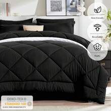 Juego de edredón Queen NewSpin de 8 piezas, conjunto de cama de temporada todo el año en color negro, juego de ropa de cama Queen con edredón, sábanas, fundas de almohada, sábana plana, sábana ajustada, fundas de almohada y falda de cama - Negro - Diamante - Ver 11