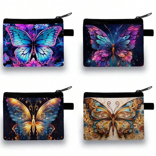 Fashion Butterfly Print Coin Purse - Polyester Zip Pouch, Hand Washable With Wet Wipe Clean, Animal Pattern, Lightweight Zippered Pocket, Fashionable Storage Bag
