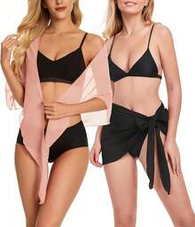 CHICGAL 2 Pieces Women Beach Sarong Bathing Suit Wrap Skirt Sheer Bikini Swimsuit Cover Ups Swimwear - 黑色和橙色粉紅色 - 查看 3
