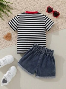 2 pezzi/set maglietta a maniche corte a righe a forma di cuore e pantaloncini di jeans per ragazze, adatto per l'estate