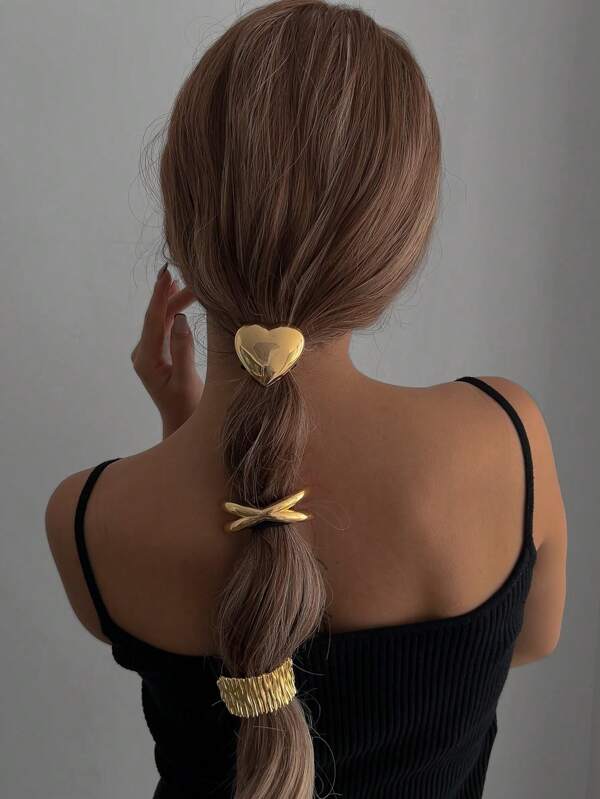 1 st. Zinklegering Hart Gerimpelde Haar Scrunchie, Dames Mode Hoge Elastische Paardenstaarthouder Casual Haaraccessoires