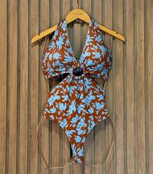 Bodysuit Swimsuit And Pareo Set Kit Premium Beach Cover-Up Bathing Suit Bodysuit - 藍色樹葉 - 查看 2