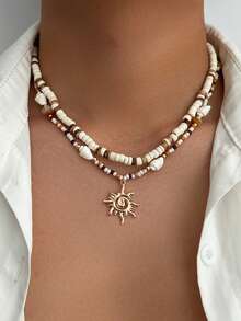 3pcs/Set Men's Retro Boho Style Shell Beaded Necklace, Creative Fashion Metal Spiral Sun Pendant Multi-Layered Necklace, Suitable For Daily And Beach Holiday Wear
