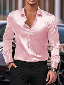 NITAGUT Men's Satin Solid Color Long Sleeve Dress Shirt, Fall - Pink - View 7