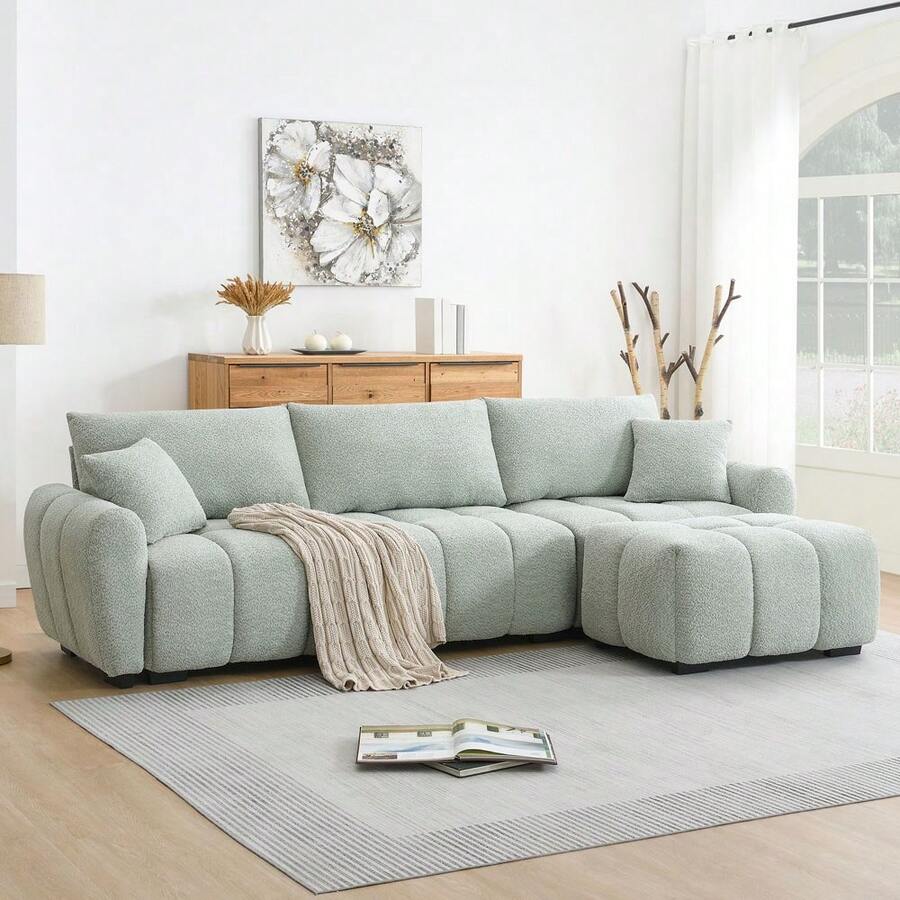 MERAX 110" Modular Sectional Sofa, L Shape With Extra-Large Seat, Pull-Line Design, Movable Ottoman, High Density Foam, Free Combination, Sturdy Metal&Wood Frame, Boucle Fabric, Light Green - Light Green - View 1