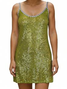 Women Solid Color Spaghetti Strap Sleeveless Dress Summer Sparkle Sequins Mini Party Dress For Vacation Cocktail Beach Streetwear - màu xanh lá - Xem 8
