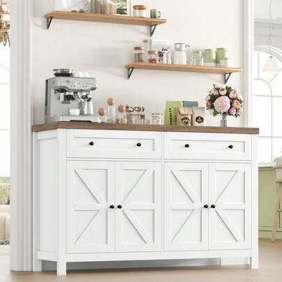 Sideboard, 140cm Kitchen Storage Cabinets With 2 Drawers, White Buffet Cupboard With Adjustable Shelf, Modern, For Kitchen, Living Room, Hallway