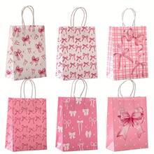 6/12 件粉色蝴蝶结主题派对礼品袋 - 优雅的纸质礼品袋，带手柄，适合婚礼、新娘送礼会、生日和特殊场合，饰有蝴蝶结、星星和粉色几何图案，婚礼派对礼品 | 异想天开的蝴蝶结设计 | 坚固的手柄袋，新娘派对礼物