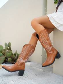 Women's All Season Fashion Embroidered Leather Cowboy Boots, Maillard Brown Pointed Toe Chunky Heel Knee High Boots, Chic Punk Style Chelsea Boots, Outdoor Casual Fashion Riding Boots
