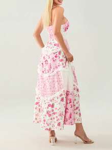 Women's Floral Dress Stylish Lace Patchwork Ruffled Trim Sleeveless Spaghetti Strap V Neck A-Line Long Dress For Summer - Pink - View 3