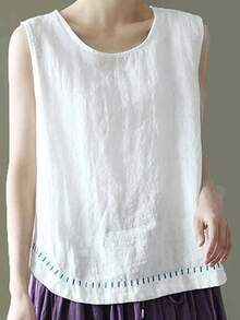 Women's Tank Tops Summer Causal Versatile Solid Color Plus Size Loose Sleeveless Linen Shirt - White - View 2