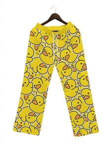 男士复古可爱小黄鸭印花裤 - 宽松直筒休闲长裤，适合男士和青少年，可机洗，春秋季时尚，面料舒适，秋季