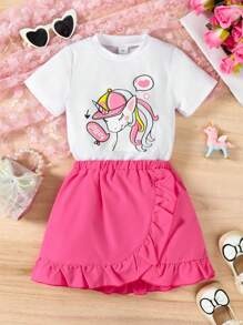 Conjunto de 2 piezas con camiseta gráfica de dibujos animados y falda de dobladillo asimétrico, estilo de verano para niñas de 4 a 7 años, uso diario