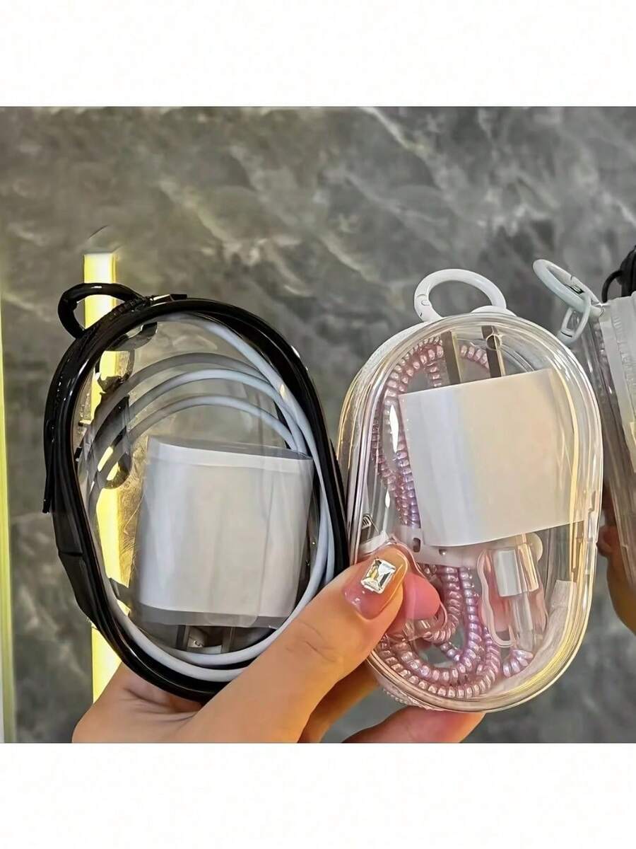 2Pcs Mini Convenient Transparent Cable Storage Box, Used For Storing Data Cables, Chargers, Headphones, Accessories, Etc., Suitable For Use As A Key Bag During Outdoor Travel - Đen + Trắng - Xem 1