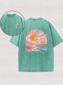 230g Washed, A Beautiful Day Starts From The Morning Sun Printed T-Shirt, High-Quality Wax Printed Cotton Retro Fashion Brand T-Shirt, Beach Essential, Men's Summer T-Shirt, Holiday Gift, Perfect Gift - Cỏ xanh - Xem 1