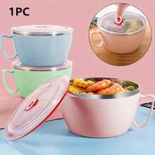 1 pieza Tazón de acero inoxidable con asa, a prueba de óxido con tapa, apto para fideos instantáneos, arroz, sopa, recipiente de almacenamiento de alimentos, bento de cocina doméstica y comedor - Multicolor - Ver 4