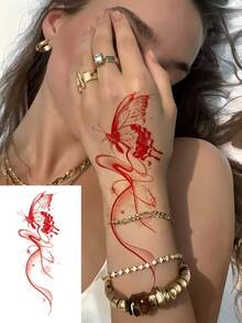 8 hojas de tatuajes temporales de mariposas Y2K rojas para la parte baja de la espalda, tatuajes realistas a prueba de agua para manos, espalda, pecho y cuello, para fiestas, festivales y suministros de maquillaje diario - Rojo - Ver 4
