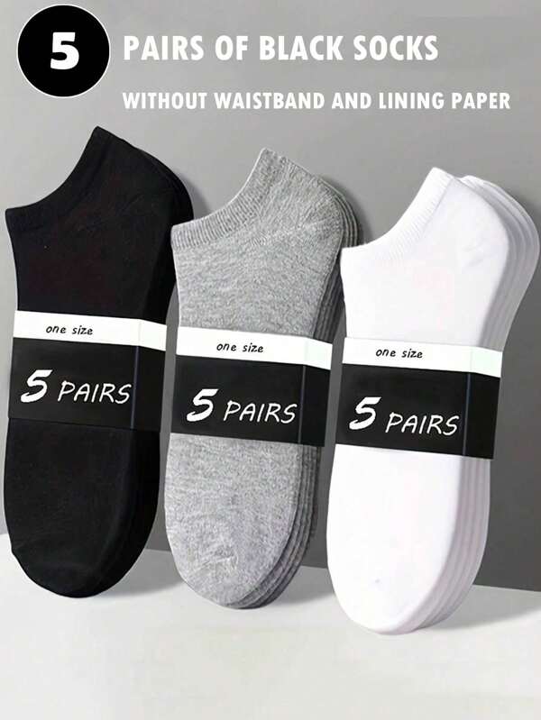 5 Pairs Men's Black, White And Gray Casual Low Cut Ankle Socks