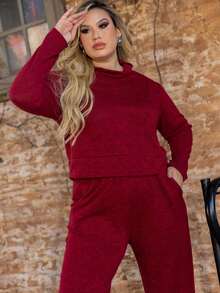 Women's Plus Size Winter Warm Set In Elegant And Comfortable Fleece Fabric For Cold Days - 酒紅色 - 查看 4