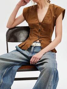 Women Y2k Button Shirt Tie Lace Patchwork Cap Sleeve Ruffle Blouse Top Fairy Going Out Top Beachwear - màu nâu - Xem 1