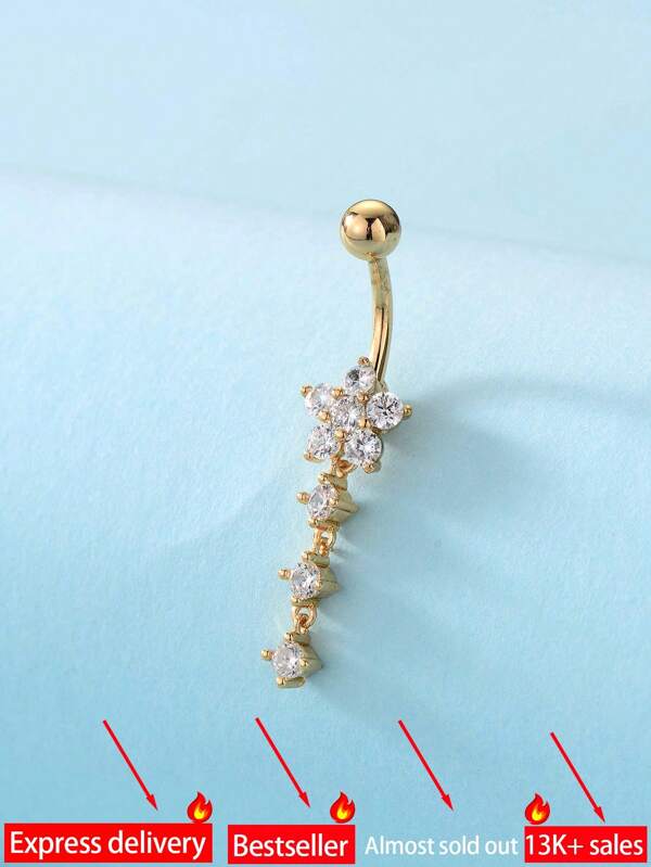 1pc Fashionable Flower Zirconia Crystal Studded Navel Ring, Body Chain, Belly Button Piercing, Mother's Day Gift, Best Friend Gift, Suitable For Summer Wear, Elegant