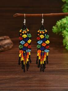 1 对波西米亚风编织流苏珠花耳环（珠子颜色随机）