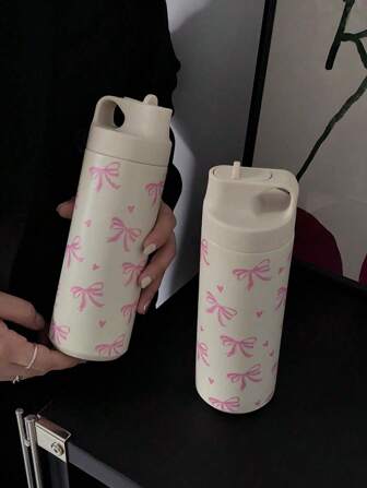1pc 550ml/18.6oz Bow Heart Series Water Bottle, Water Cup With Spout, Original Double-Layer Stainless Steel Insulated Cup, Cold Cup, Vacuum Bottle And Bottle, Travel And Outing Cup, Gym And Outdoor Sports Cup, Flat Cup, Car Cup, Winter And Summer Drinkware, Holiday Gift