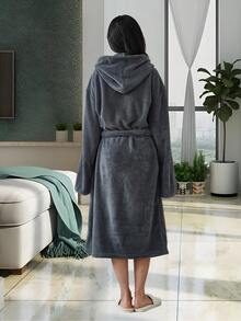 1pc Polyester Bathrobe (Size L) Unisex, Embroidered, Autumn/Winter Home & Bathroom Long Robe, Solid Color Coral Fleece Soft & Absorbent Microfiber, Suitable For Home, Bathroom, Pool, Dormitory - Multicolor - View 9