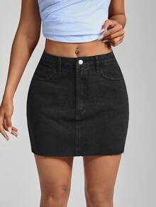 Jeanoix Váy mini denim dệt cạp cao màu đen phong cách đường phố Châu Âu & Mỹ dành cho nữ - màu đen - Xem 1