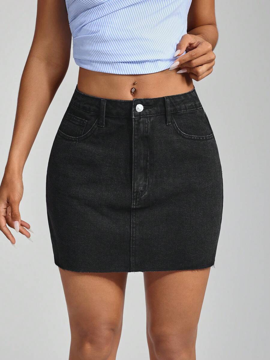 Jeanoix Váy mini denim dệt cạp cao màu đen phong cách đường phố Châu Âu & Mỹ dành cho nữ - màu đen - Xem 1