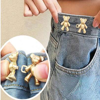 2 piezas Botones de pantalón con estampado de oso, Hebilla de cintura de oso extraíble sin coser para pantalones, Artefacto para cambiar el tamaño de la cintura, Hebilla decorativa de oso para faldas, Botón ajustable para pantalones
