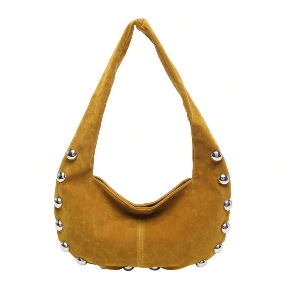 Women Suede Hobo Bag Studded Shoulder Bag Solid Color Handbag, Newest Fashionable Suede Bag For Women - Yellow - View 1