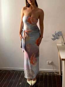 Women Y2k Strapless Tube Dress Bodycon Maxi Dress Solid Color/Floral Print Tie Up Waist Sexy Long Dress For Cocktail Dress Beach Party Summer Vacation Dresses Streetwear - 彩色 - 查看 3