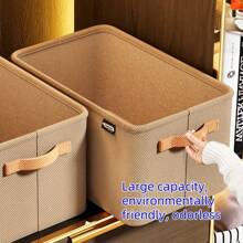 2025 Best Selling New 1PC Khaki Foldable Non-Woven Fabric Storage Basket With Cloth Handle, Suitable For Living Room Toy Storage, Bedroom Wardrobe Clothes Storage