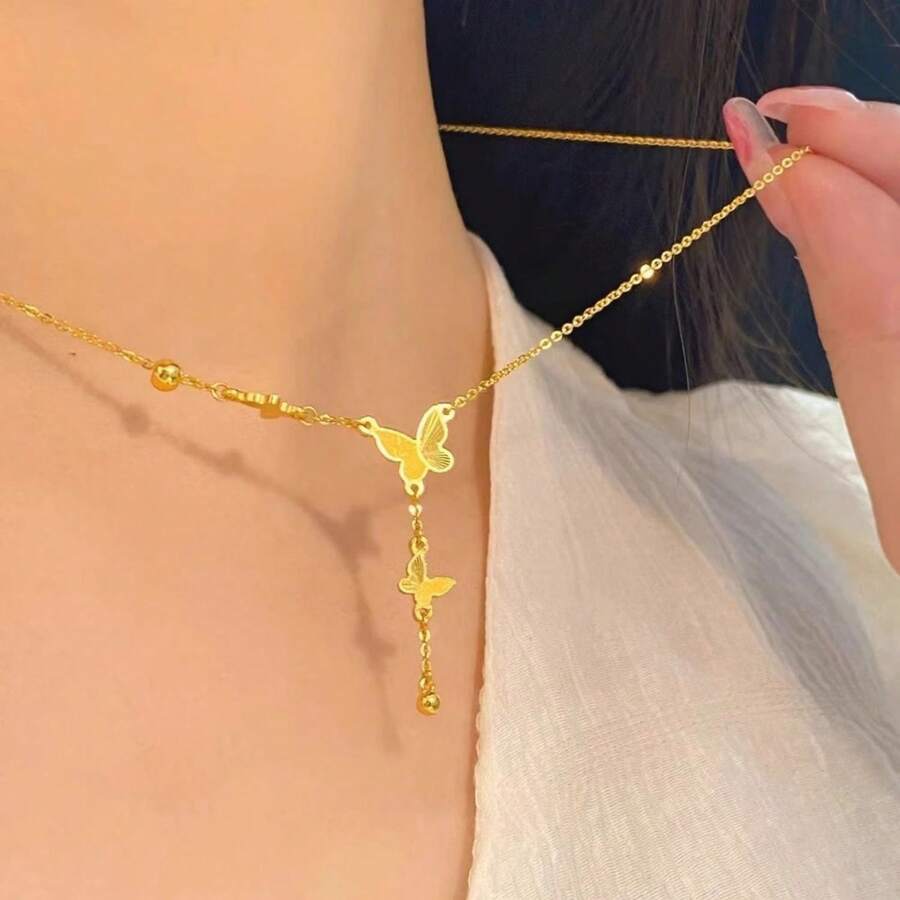 Colar feminino com borla de aço inoxidável 18 borboleta dourada antiga, delicado, versátil, nicho leve, luxuoso, corrente de clavícula - Dourado - Visão 1