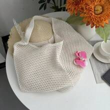 Summer Hollow Knit Tote Bag, Large Capacity Luxury Women Plain Casual Shoulder Bag, Butterfly & Floral Decor One Shoulder Strap Tote, Suitable For Daily Use, Hangout With Friends, Gift