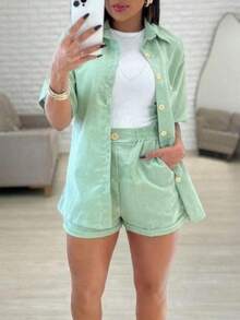 Linen Set / Shirt And Shorts / With Elastic Waistband - Nhiều màu - Xem 2