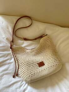 2022 Summer Beach Tote Bag, Women Large Capacity Woven Shoulder Crossbody Bag - Beige - View 7
