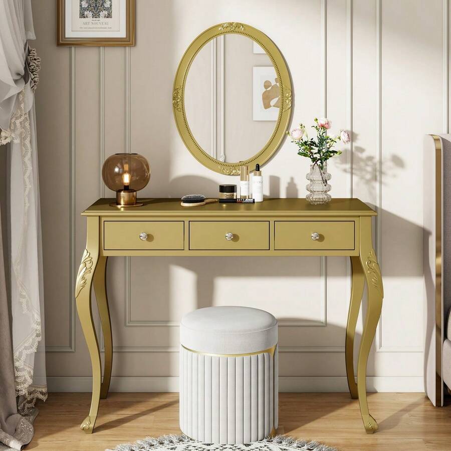 MERAX Luxury Makeup Vanity Desk With Wall-Mounted Oval Mirror, 3-Drawer Dressing Table For Cosmetics Jewelry Storage, Elegant Beauty Station Bedroom Dressing Room Salon Station, Gold - Vàng - Xem 1