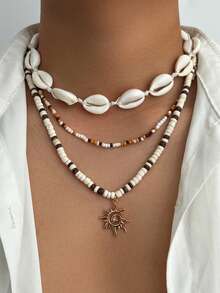 3pcs/Set Men's Retro Boho Style Shell Beaded Necklace, Creative Fashion Metal Spiral Sun Pendant Multi-Layered Necklace, Suitable For Daily And Beach Holiday Wear