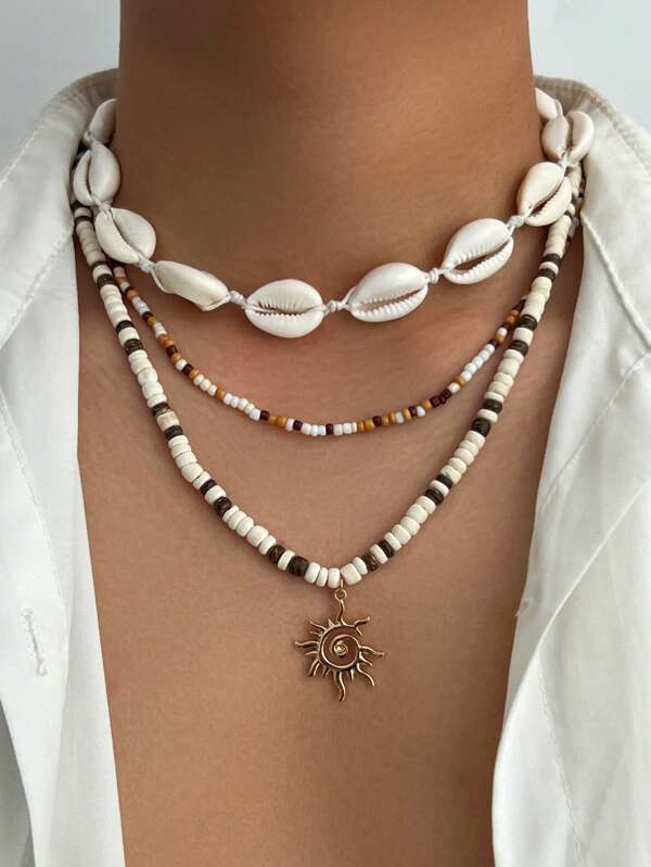 Set de 3 piezas: Collar de concha bohemio vintage con cuentas, collar de múltiples capas con colgante de concha de metal creativo, collar de cuentas de madera para hombre surfista, adecuado para uso diario y joyería de playa