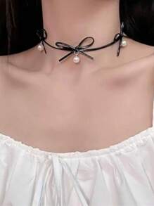 1 pieza Collar gargantilla con colgante de perla y lazo delicado para mujer, collar Lolita, joyas de moda como regalo para el Día de San Valentín, cumpleaños, fiesta, Halloween, Navidad